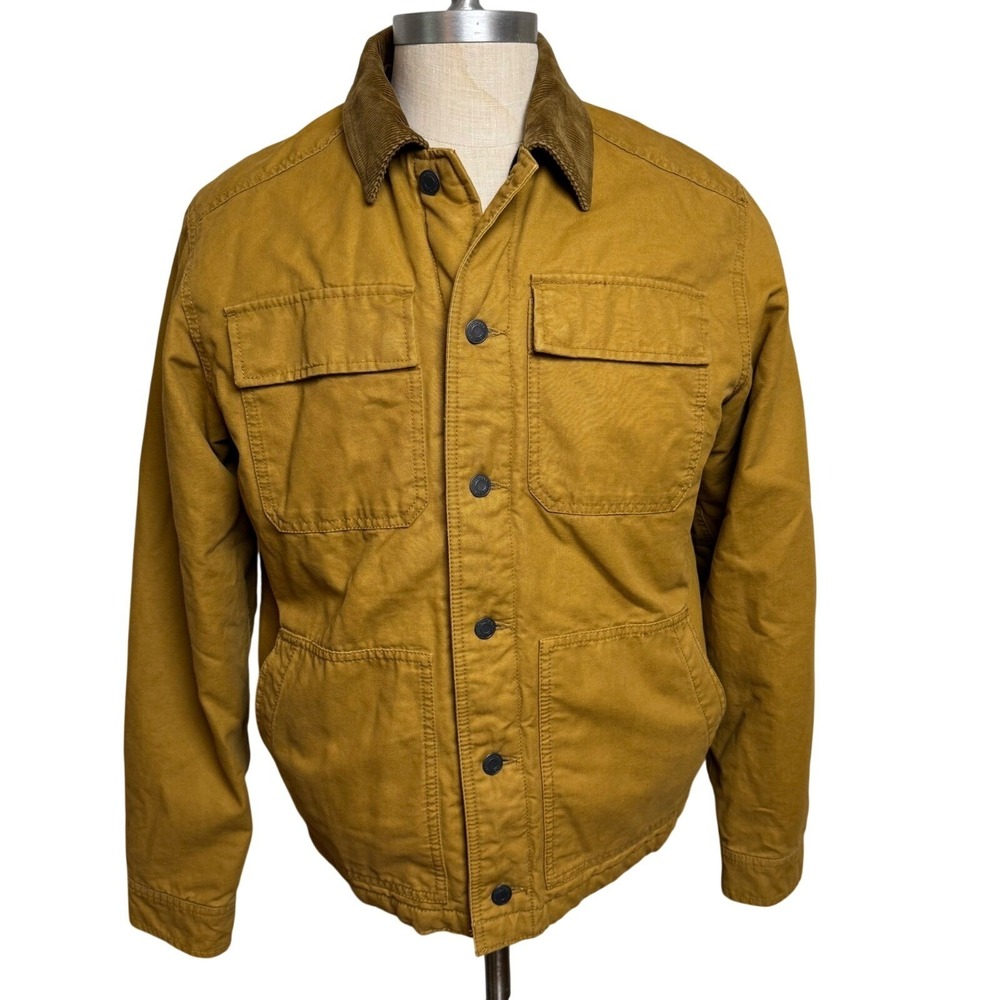 Old Navy Mens LG Canvas Barn Jacket Mustard Yellow Plaid Lined Corduroy Collar